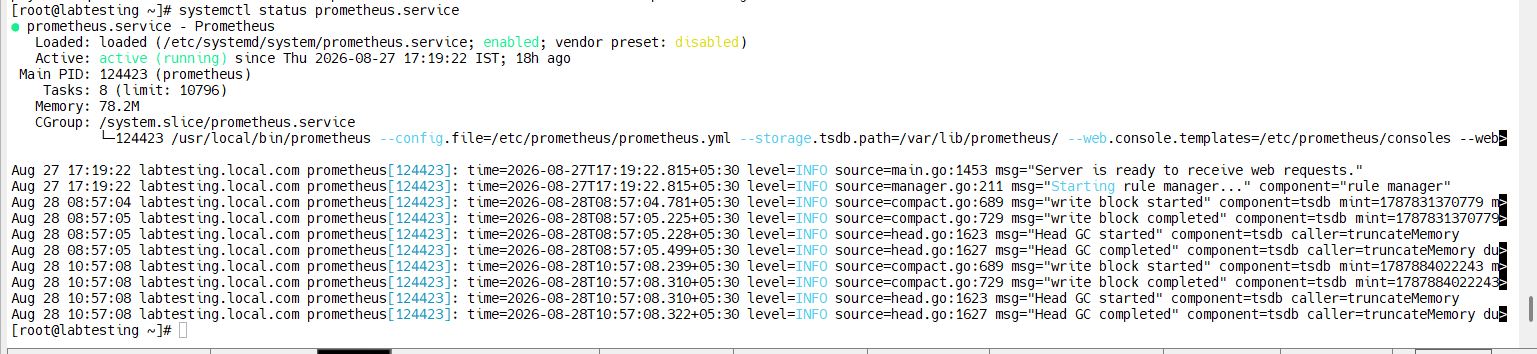 Prometheus service configuration and status