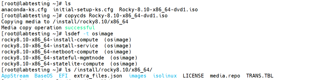 Step 4.1 — copycds success + lsdef -t osimage output