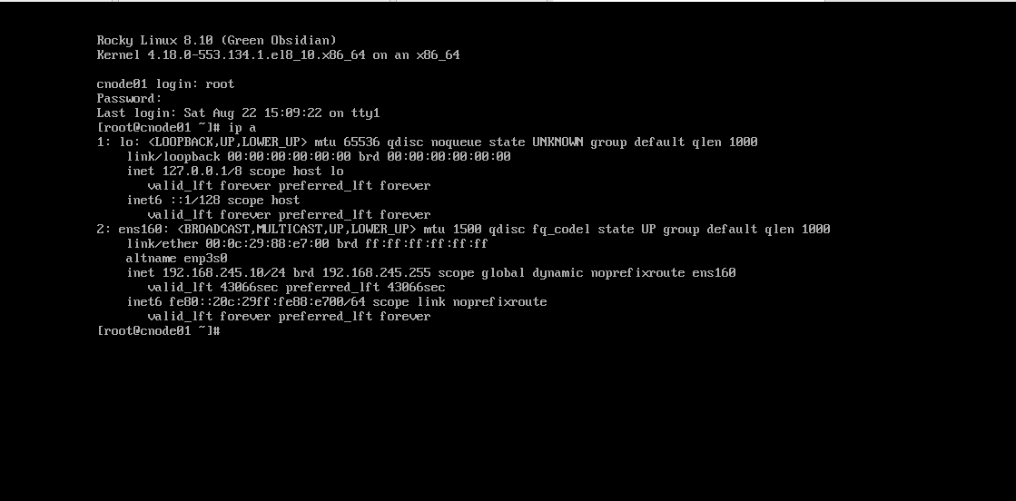 Step 5.4b — node console showing successful login prompt after install