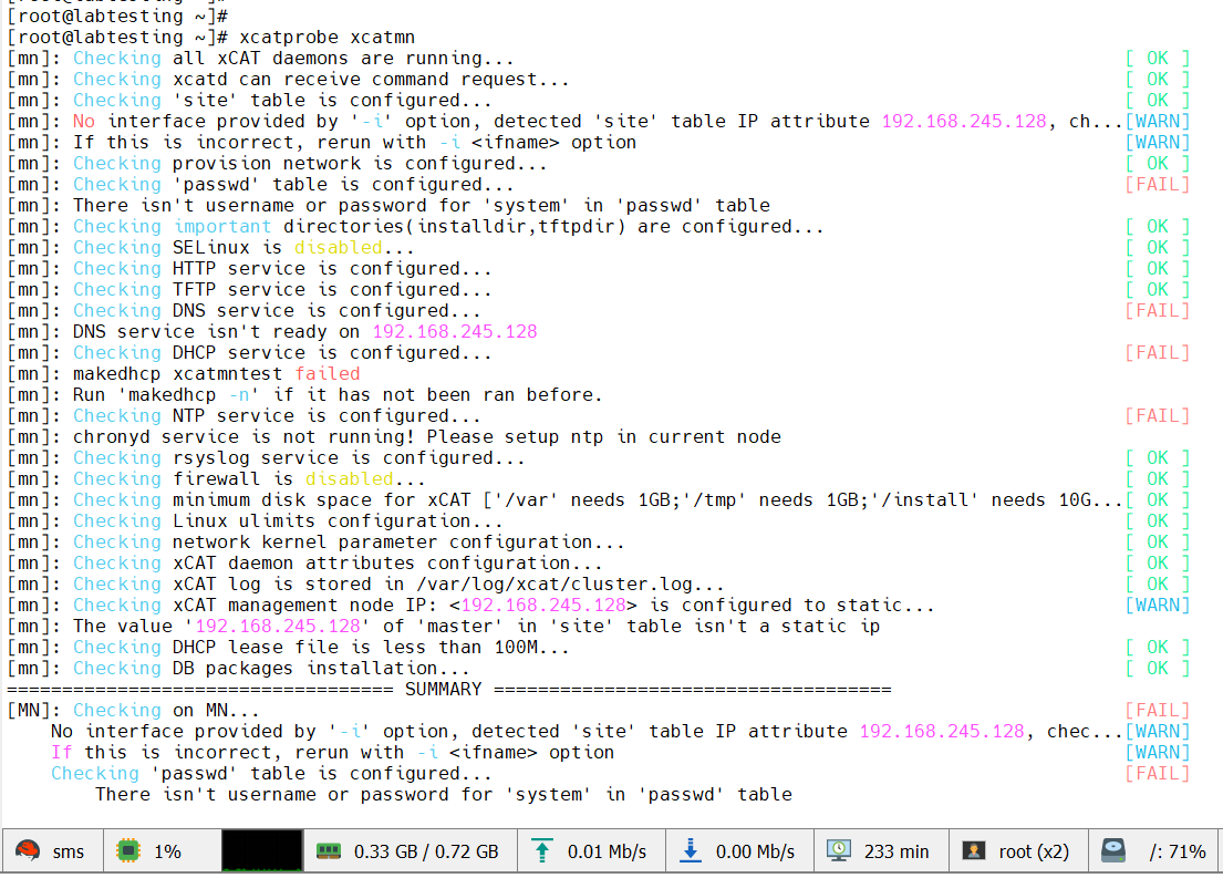 Step 2.2 — initial xcatprobe xcatmn output (before fixes)