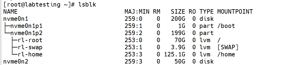 Step 1.1 — lsblk showing unpartitioned nvme0n2