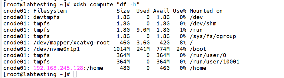 Step 3.2 — xdsh compute df -h showing NFS /home mount