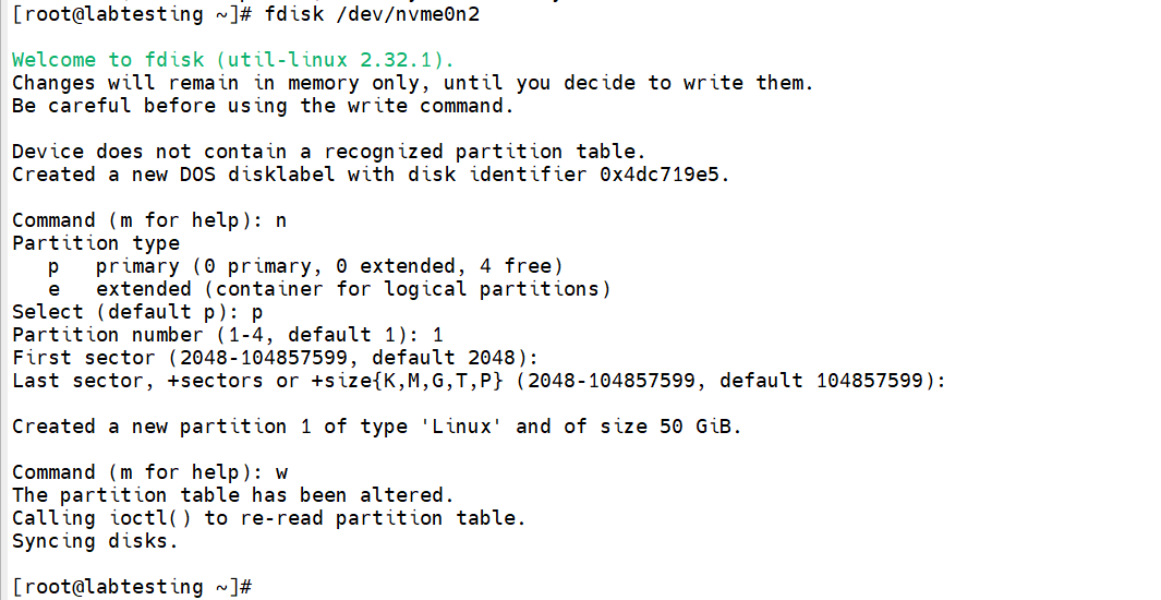 Step 1.2 — lsblk showing nvme0n2p1 partition created