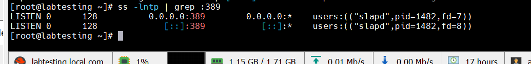 Step 3 — ss -lntp confirming port 389 listening