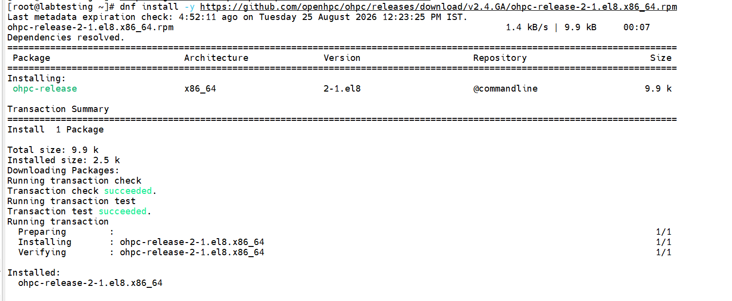 Step 2.1 — dnf repolist showing OpenHPC repos enabled