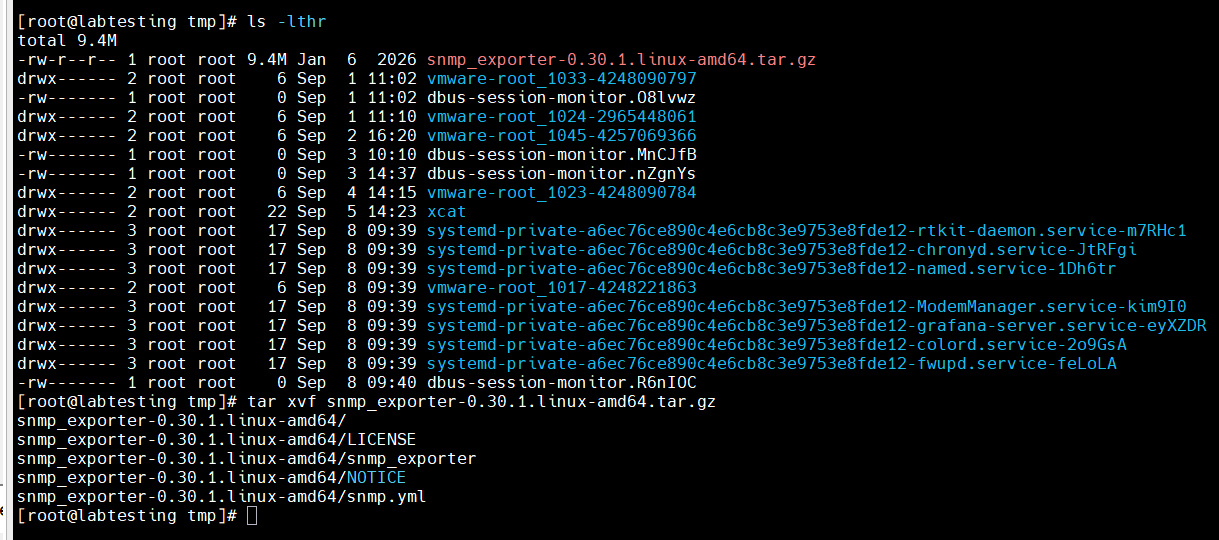 Tarball extracted, showing snmp_exporter binary and default snmp.yml
