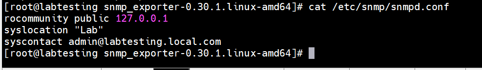 Initial snmpd.conf — later corrected from 127.0.0.1 to 'default'