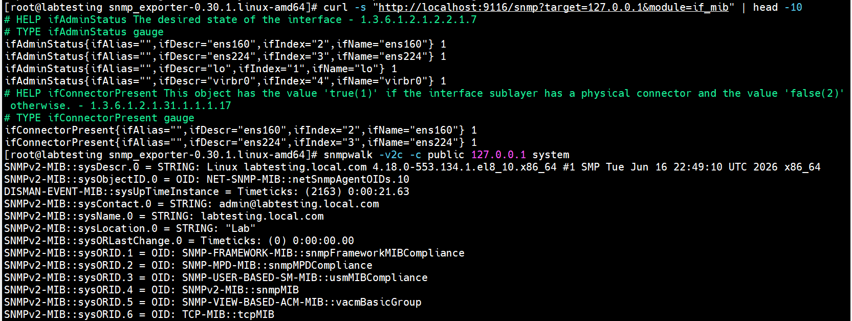 Both snmp_exporter metrics and direct snmpwalk output confirmed working