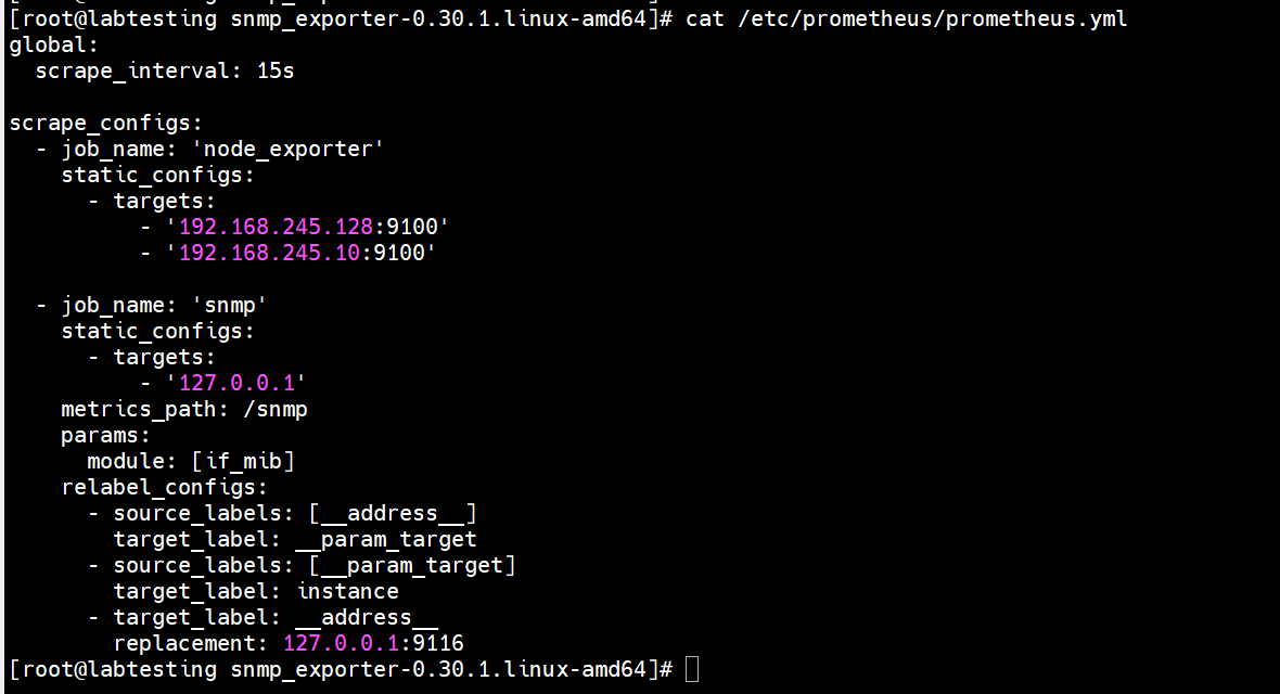 prometheus.yml with both node_exporter and snmp scrape jobs