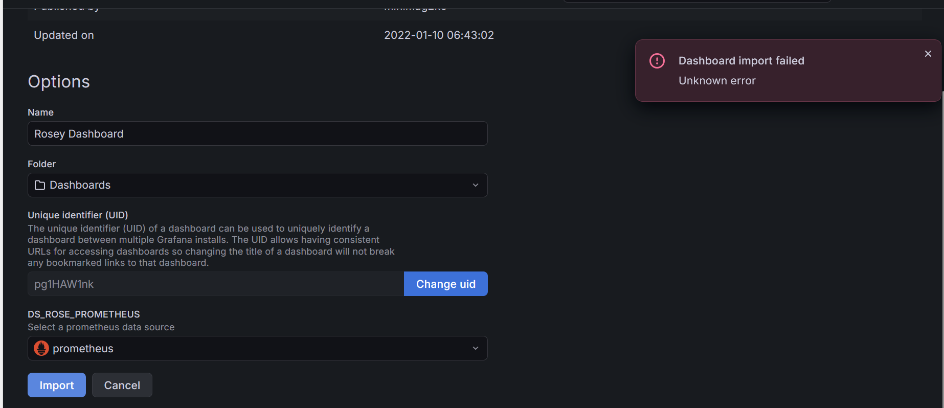 Dashboard import failed — Unknown error (ID 13649)