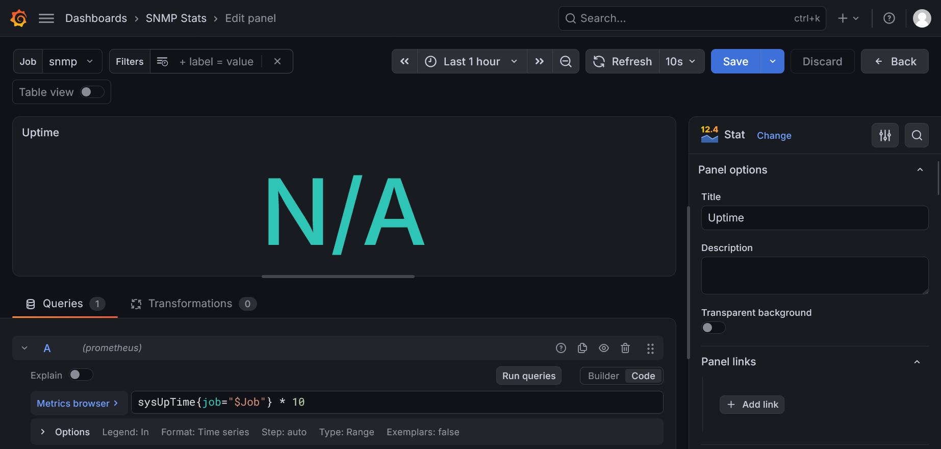 Uptime panel showing N/A