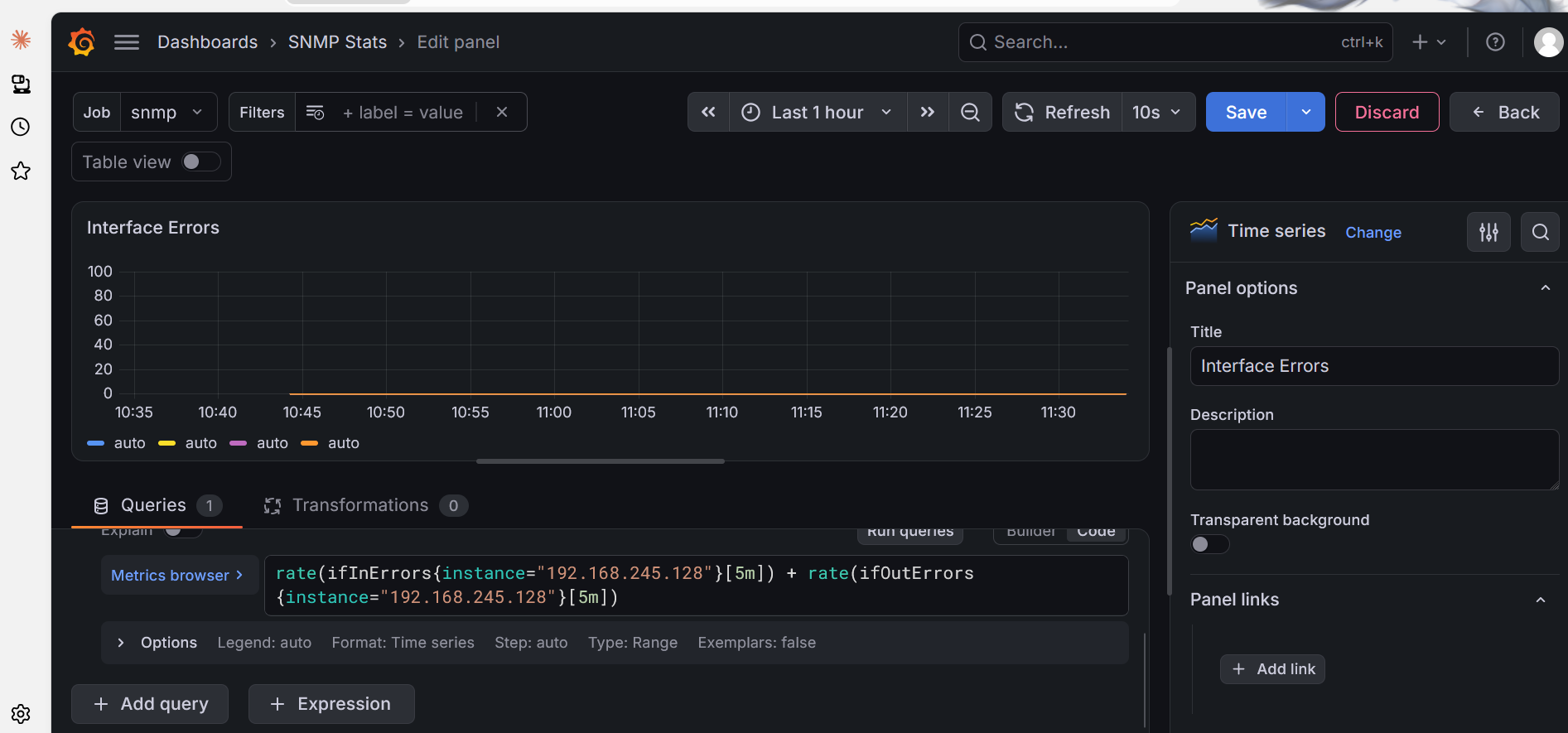 Interface Errors query returning 0 (healthy) across the time range